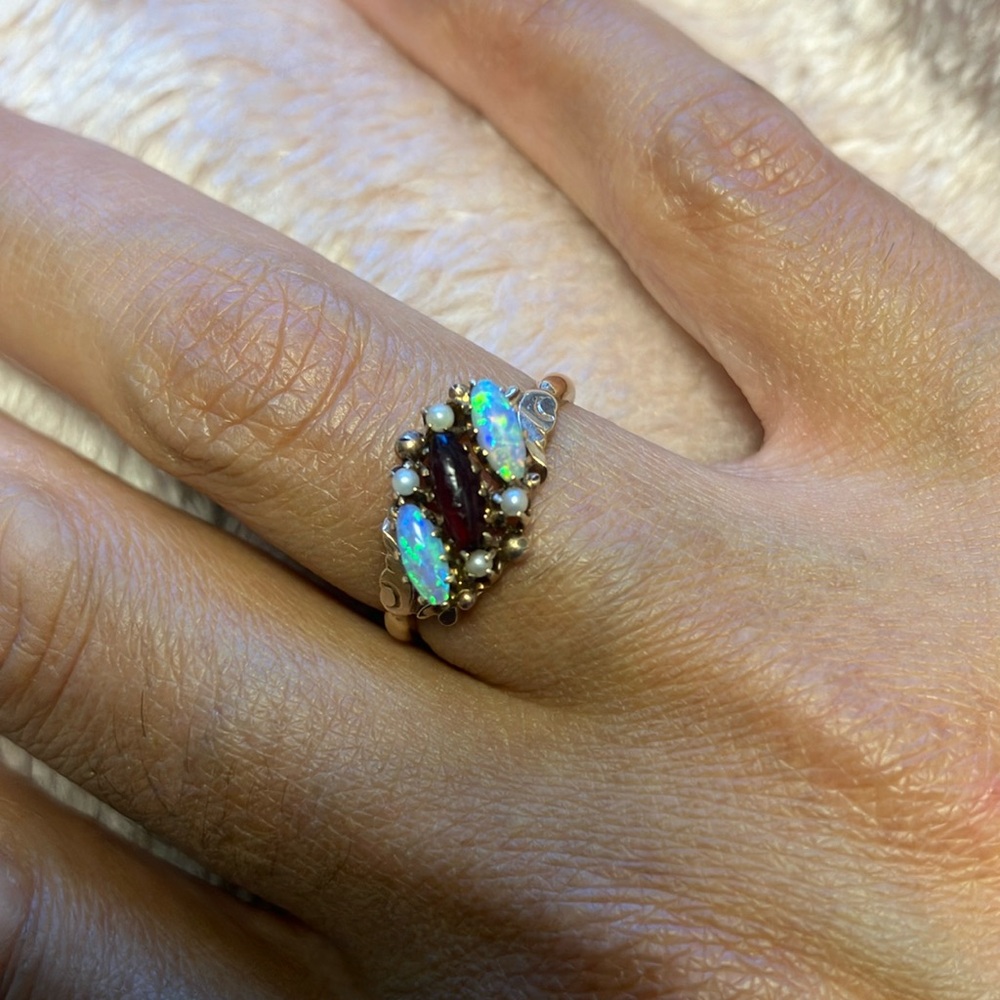 Antique 10k Gold Opal, Garnet & Seed Pearl Cluster Ring | Victorian-Edwardian